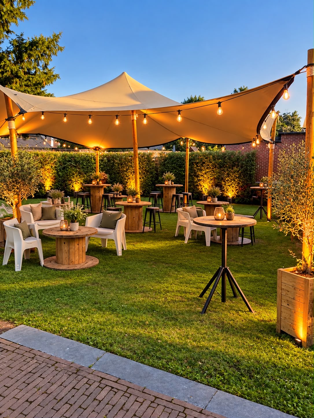 Beige stretchtent met warme verlichting en een gezellige loungeopstelling